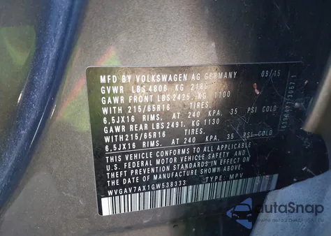 2016 Volkswagen Tiguan S из США, поврежденный, VIN WVGAV7AX1GW538333